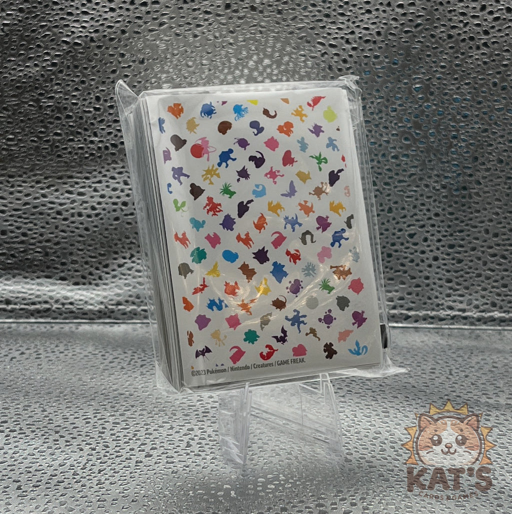 polka dot rainbow pattern sleeve with silhouettes of original pokemon from the scarlet and violet 151 set on a white background and soft touch texture