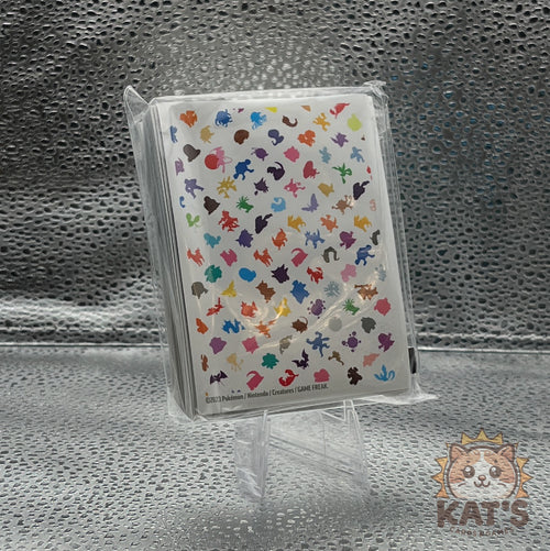 polka dot rainbow pattern sleeve with silhouettes of original pokemon from the scarlet and violet 151 set on a white background and soft touch texture