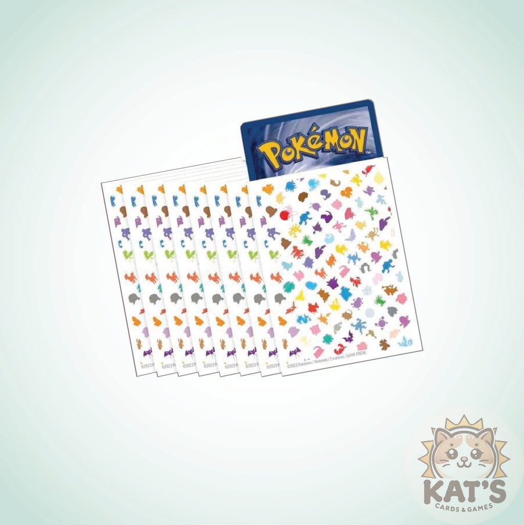 A sheet of small Pokémon-themed stickers or decals with many tiny colorful icons and a Pokémon logo card at the top, shown on a pale mint background. A 'KAT'S CARDS & GAMES' watermark appears in the lower right corner.