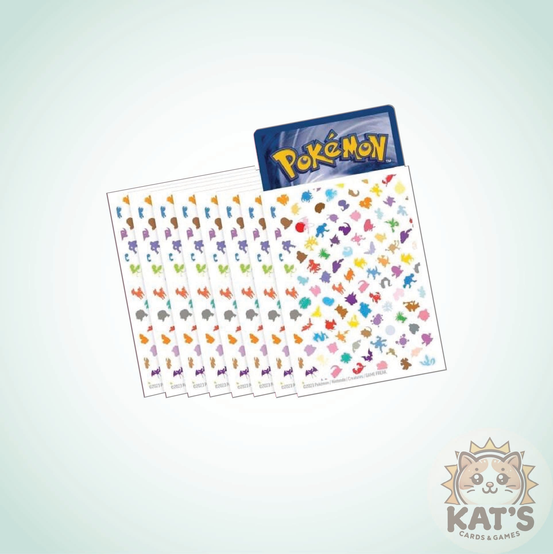 A sheet of small Pokémon-themed stickers or decals with many tiny colorful icons and a Pokémon logo card at the top, shown on a pale mint background. A 'KAT'S CARDS & GAMES' watermark appears in the lower right corner.