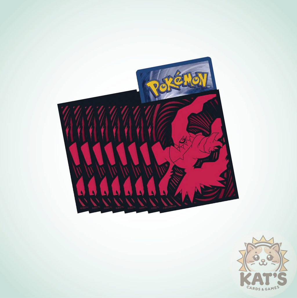 A black card sleeve with a red Pokémon Charizard graphic and matching red card accents, shown with a Pokémon card partially inserted. The image is on a light gray background with a 'Kat's Cards & Games' logo in the bottom right corner.