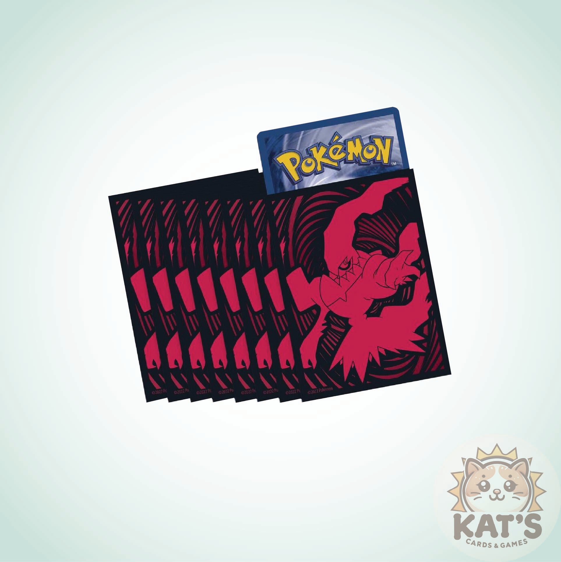 A black card sleeve with a red Pokémon Charizard graphic and matching red card accents, shown with a Pokémon card partially inserted. The image is on a light gray background with a 'Kat's Cards & Games' logo in the bottom right corner.