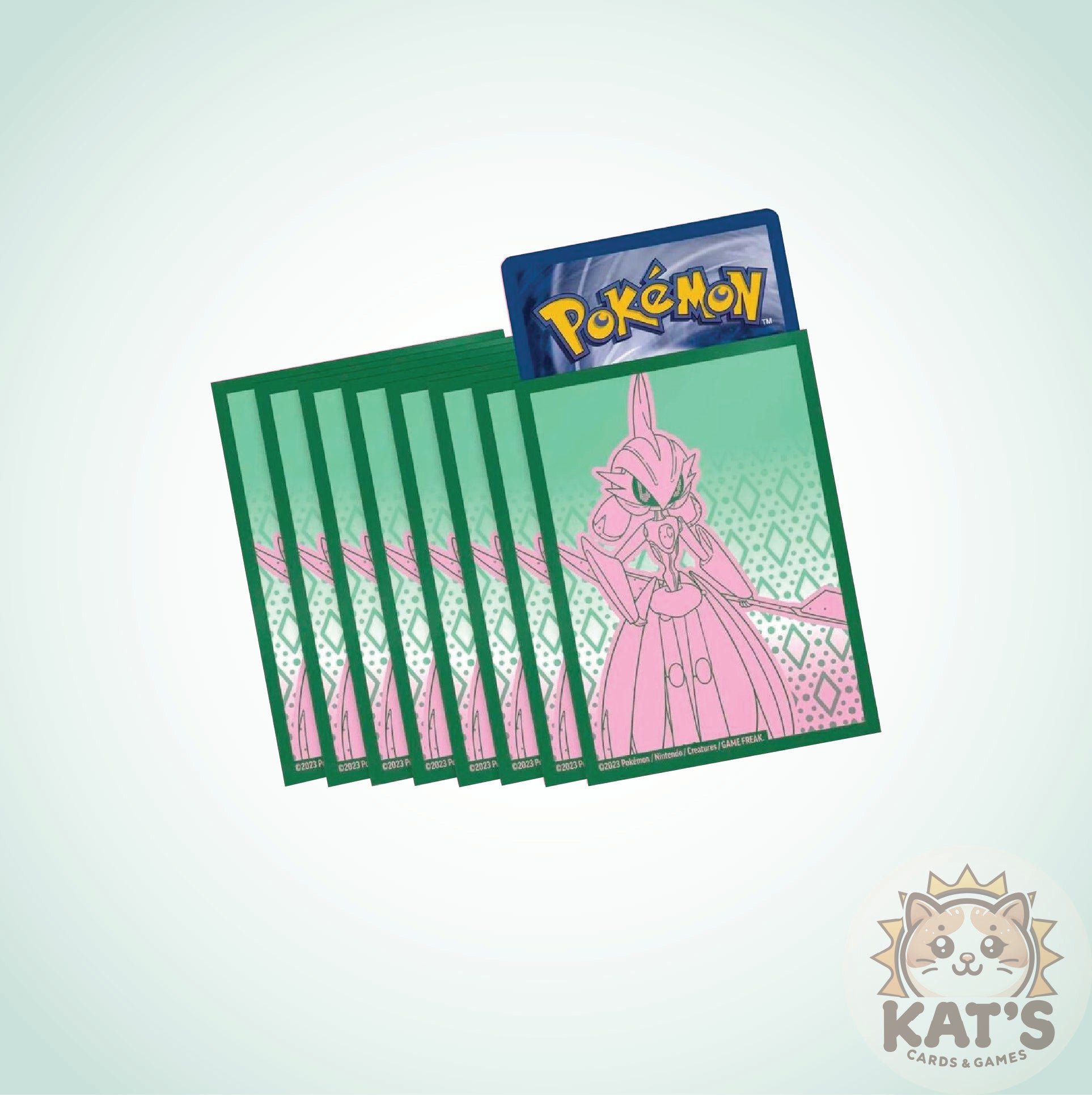 A fan of green Pokémon trading card sleeves with a pink character illustration on the front, shown on a light gray background. A Pokémon logo is visible on the top card, and a 'Kat's Cards & Games' watermark appears in the bottom right corner.