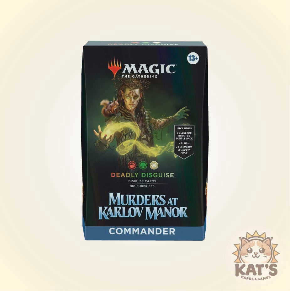Magic: The Gathering Commander set box for 'Deadly Disguise: Murders at Karlov Manor', featuring dark green and blue packaging with a green snake illustration and a Kat's Cards & Games logo in the bottom right corner.