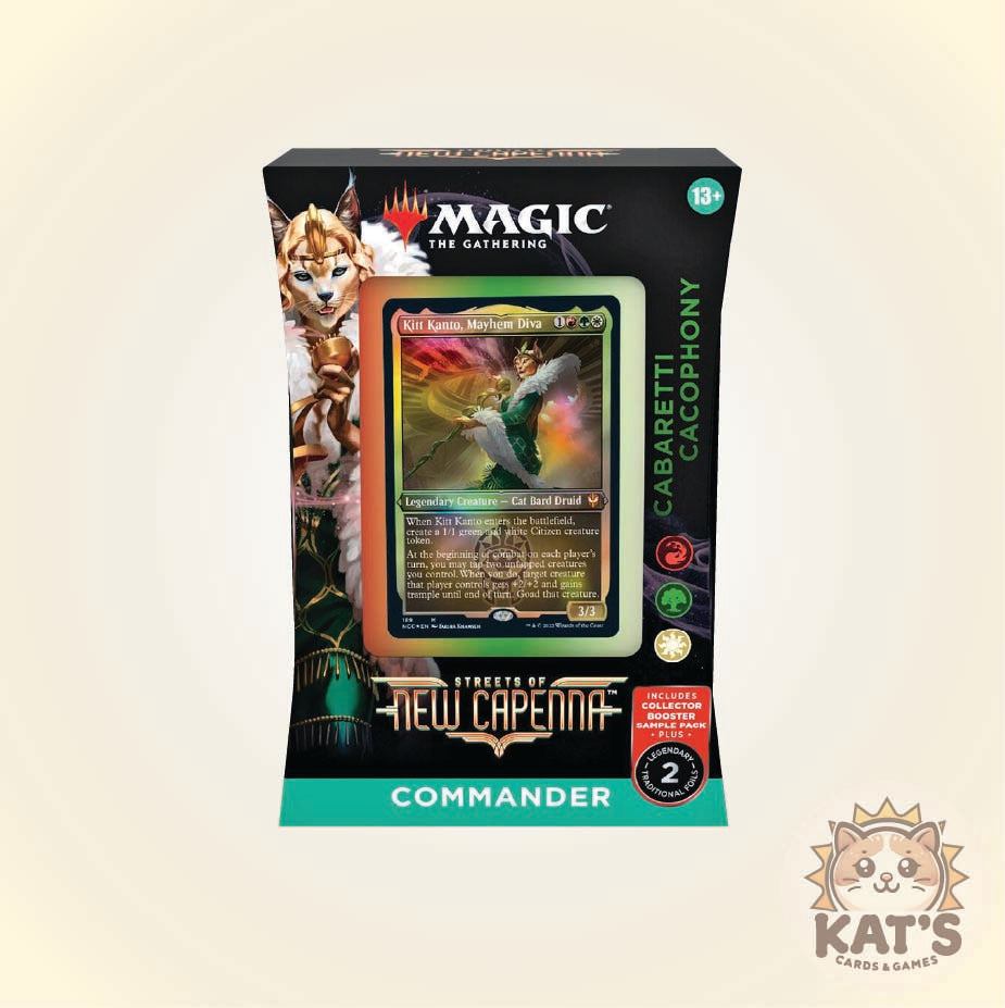 Magic: The Gathering Cabaretti Cacophony Commander card deck box from Streets of New Capenna, featuring a black and green design with character artwork and a central card preview.