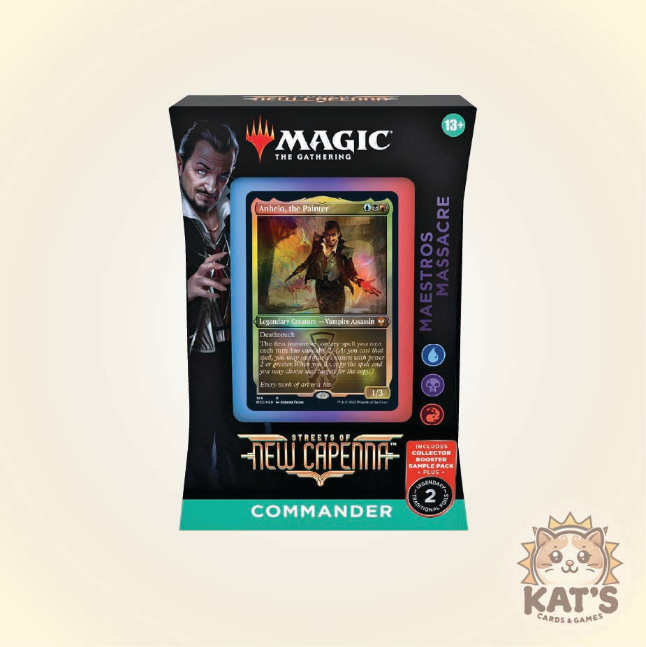 Magic: The Gathering Streets of New Capenna Commander card deck box, featuring a black packaging design with a colorful holographic card preview, green bottom banner, and a Kat's Cards & Games logo in the bottom right corner.
