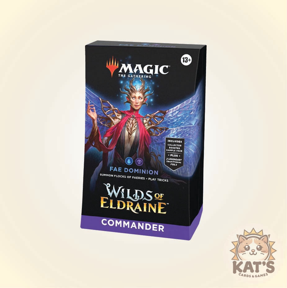 Magic: The Gathering Commander Wilds of Eldraine Fae Dominion deck box, featuring artwork of a winged female figure in a red and blue robe on a black background, with a Kat's Cards & Games logo in the bottom right corner.