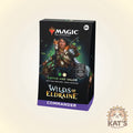 Magic: The Gathering Commander Wilds of Eldraine booster pack box shown at a slight angle on a light beige background, with a Kat's Cards & Games logo in the bottom right corner.