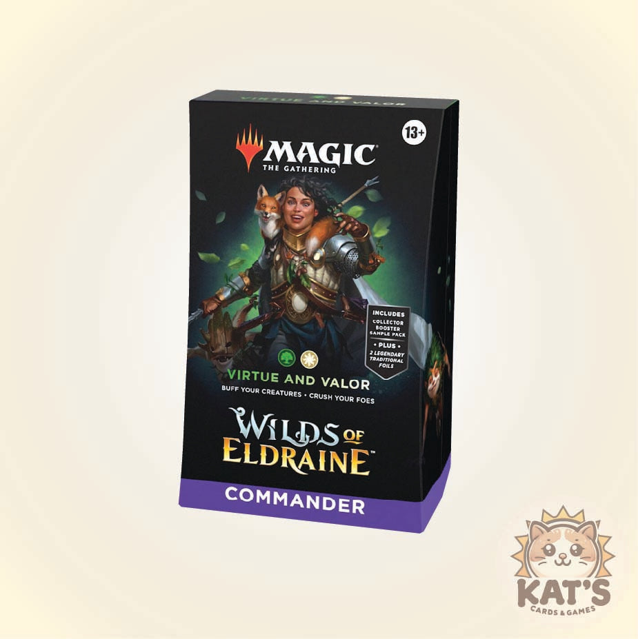 Magic: The Gathering Commander Wilds of Eldraine booster pack box shown at a slight angle on a light beige background, with a Kat's Cards & Games logo in the bottom right corner.