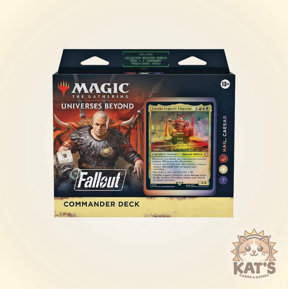 Magic: The Gathering Universes Beyond Fallout Commander Deck retail box shown on a light beige background. The front of the packaging features Magic branding, Fallout collaboration artwork, a sample card preview, and the text 'Commander Deck'.