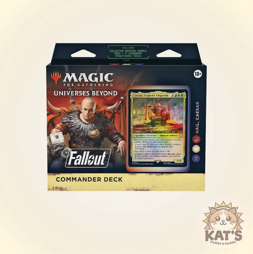 Magic: The Gathering Universes Beyond Fallout Commander Deck retail box shown on a light beige background. The front of the packaging features Magic branding, Fallout collaboration artwork, a sample card preview, and the text 'Commander Deck'.