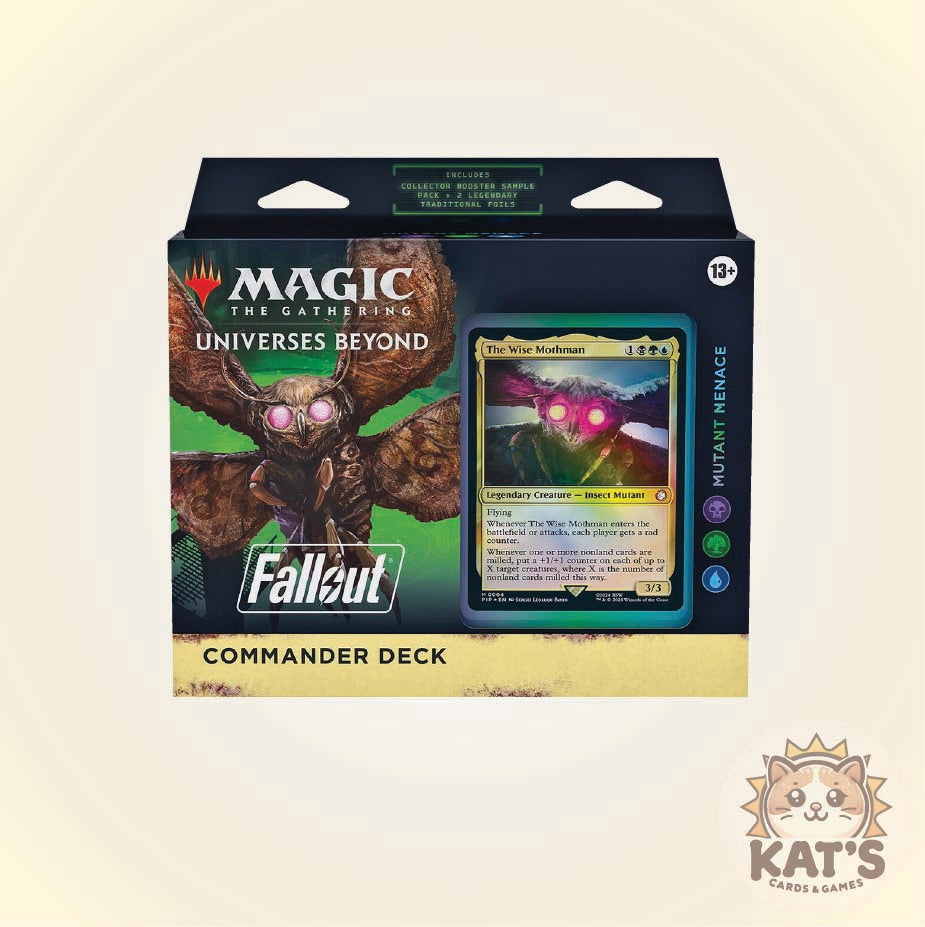 Magic: The Gathering Universes Beyond Fallout Commander Deck retail box shown on a light beige background. The front of the box features artwork of a Mutant Nemesis, the Fallout logo, and a sample card preview.