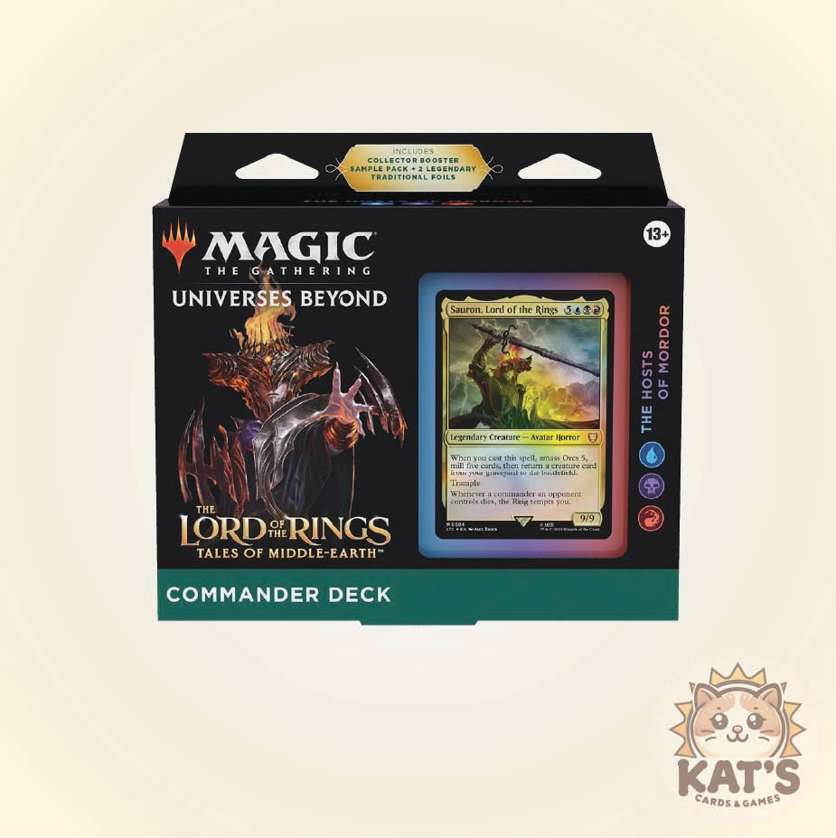 Magic: The Gathering Commander Deck box for 'The Lord of the Rings: Tales of Middle-earth' Universes Beyond expansion set, shown on a light beige background with a Kat's Cards & Games logo in the bottom right corner.