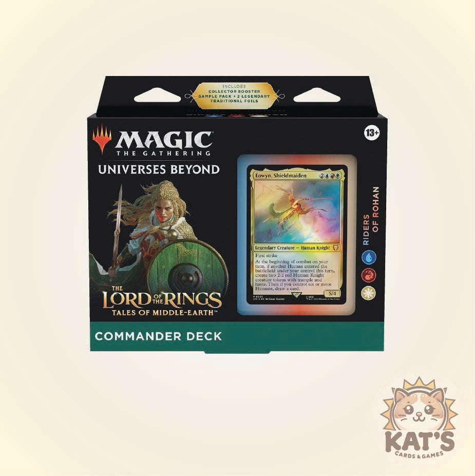 Magic: The Gathering Commander Deck box for 'Riders of Rohan' from The Lord of the Rings: Tales of Middle-earth, shown on a light beige background with a 'Kat's Cards & Games' logo in the bottom right corner.