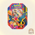 A Pokémon Trading Card Game foil card tin featuring Charizard artwork, displayed on a light beige background with a 'Kat's Cards & Games' logo in the bottom right corner.