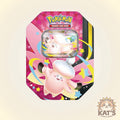 A Pokémon Trading Card Game collectible card tin featuring Jigglypuff on a vibrant pink and purple illustrated card tin, shown against a light beige background with a 'KAT'S CARDS & GAMES' logo in the bottom right corner.