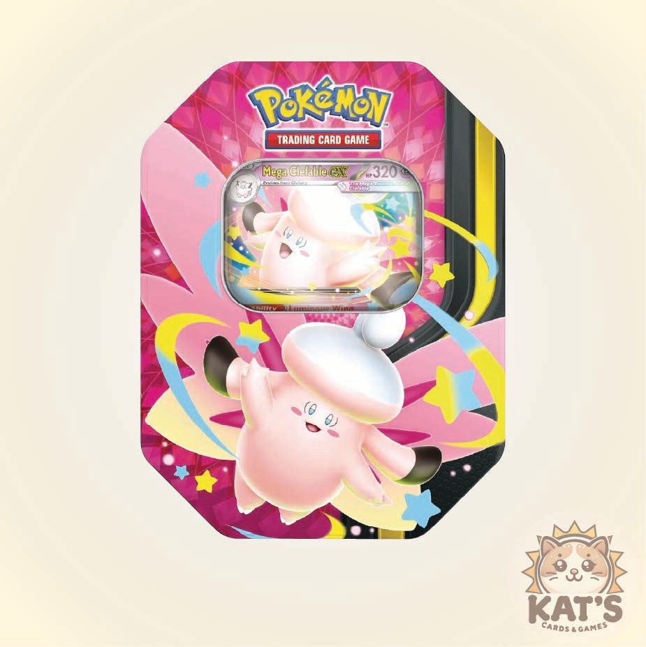 A Pokémon Trading Card Game collectible card tin featuring Jigglypuff on a vibrant pink and purple illustrated card tin, shown against a light beige background with a 'KAT'S CARDS & GAMES' logo in the bottom right corner.