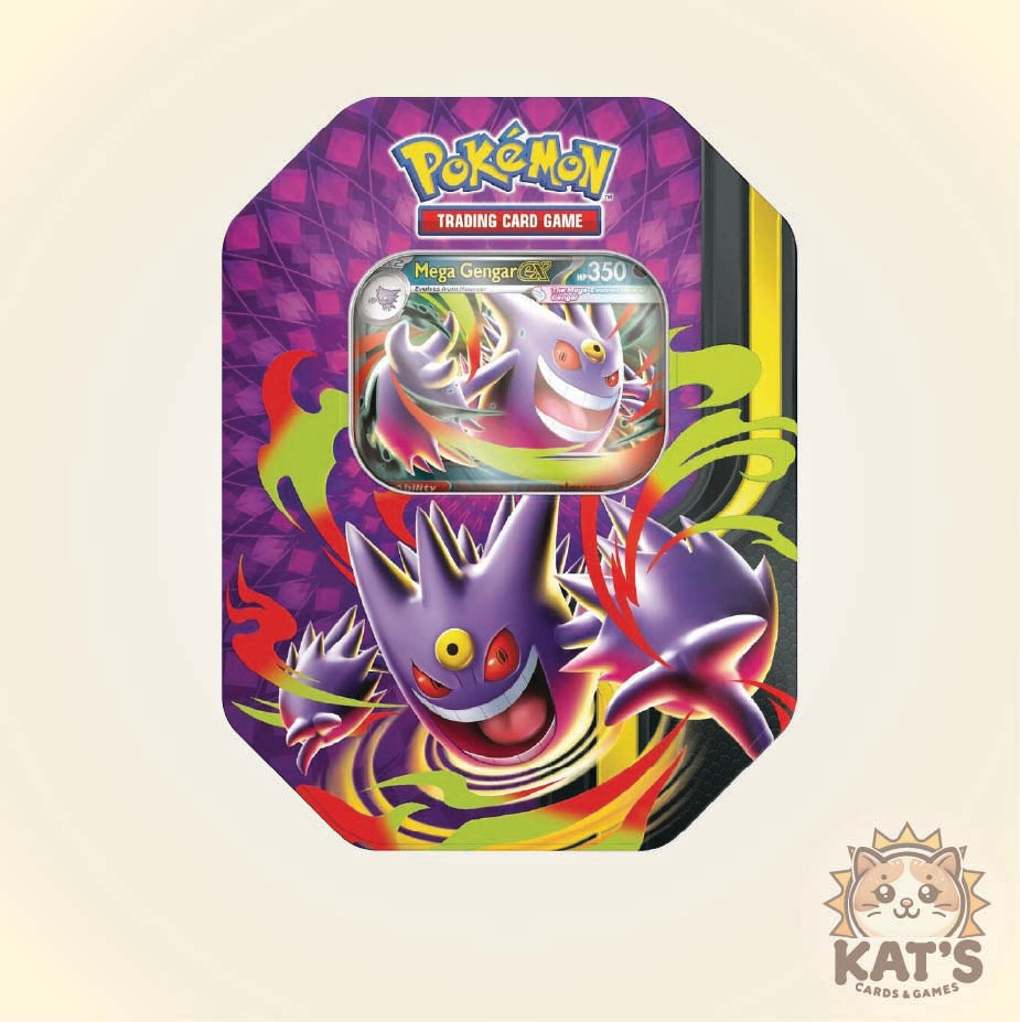 Pokémon Trading Card Game Mew Mirror Mew card tin packaging, featuring a colorful purple and neon design with a central clear window showing the card inside, set against a light beige background with a 'Kat's Cards & Games' logo in the bottom right corner.