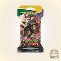Pokémon Trading Card Game Evolving Skies booster pack featuring a black and yellow Evolving Skies character on the front, shown against a light beige background with a Kat's Karbals Games logo in the bottom right corner.