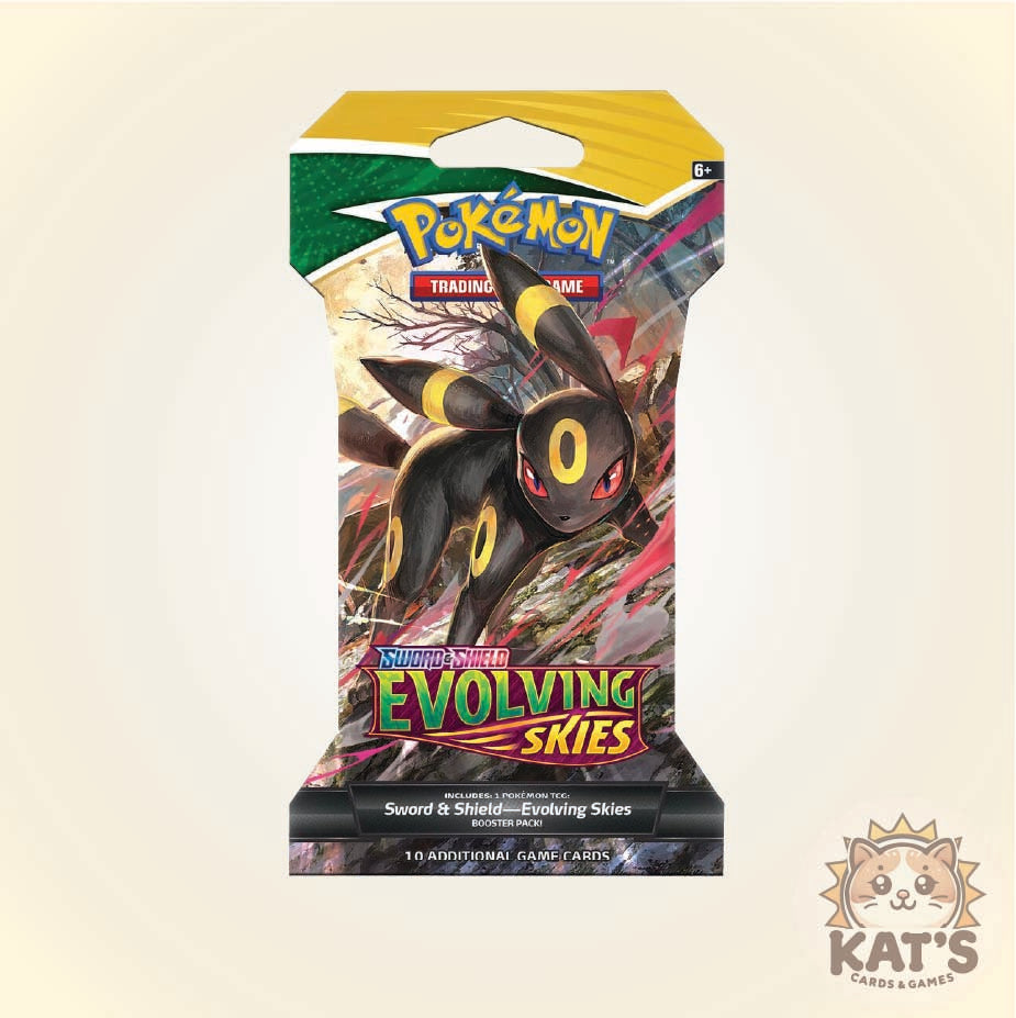 Pokémon Trading Card Game Evolving Skies booster pack featuring a black and yellow Evolving Skies character on the front, shown against a light beige background with a Kat's Karbals Games logo in the bottom right corner.