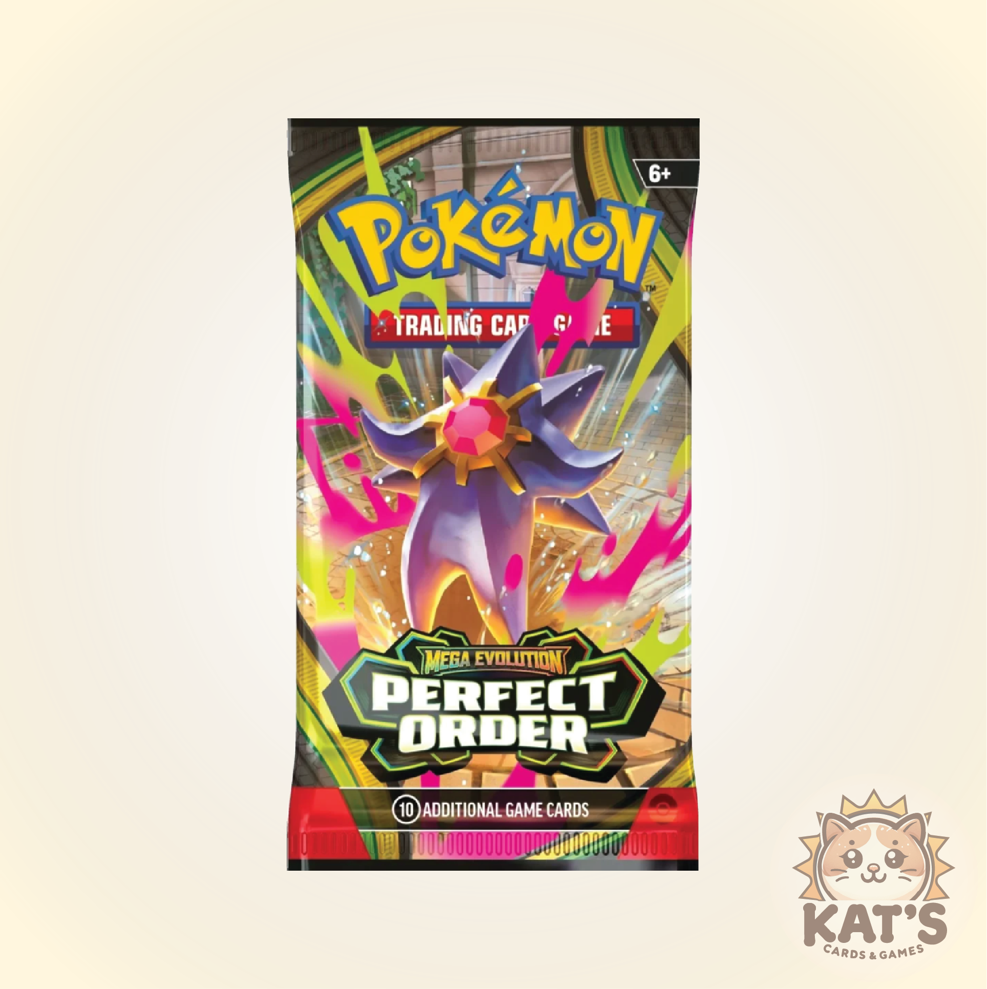 A Pokémon Trading Card Game booster pack for Mega Evolution Perfect Order, featuring a colorful design with a purple and pink creature illustration on a cream background.