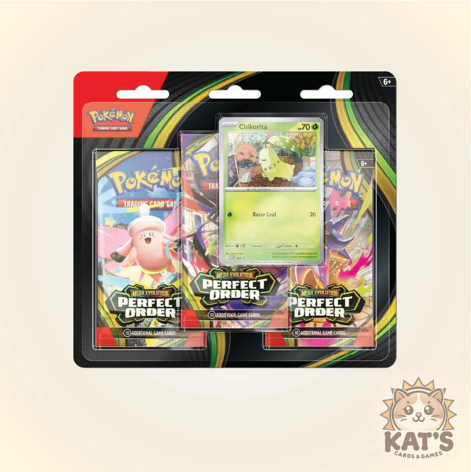 Pokémon TCG Perfect Order card pack bundle in blister packaging, featuring a Charizard card and three booster packs, shown on a light beige background with a Kat's TCG & Games logo in the corner.