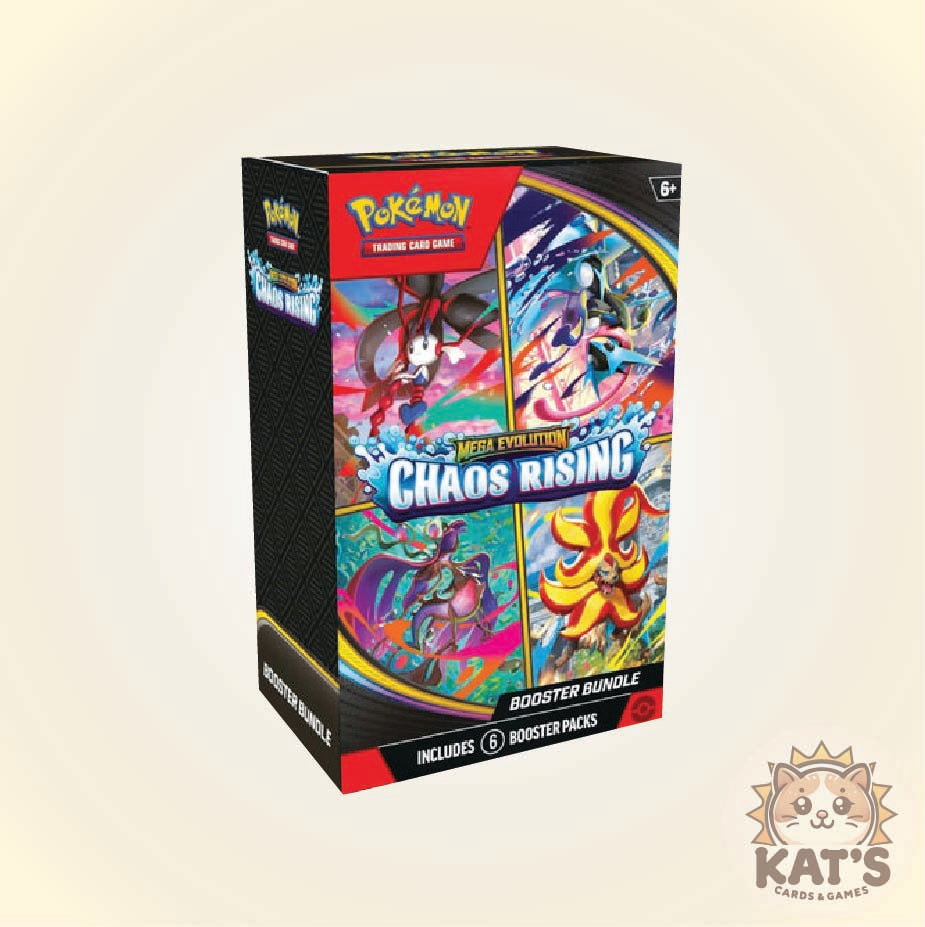 Pokémon Trading Card Game Box Set: Mega Evolvement: Chaos Rising Booster Bundle box, shown at a three-quarter angle on a light beige background with a 'Kat's Cards & Games' logo in the bottom right corner.