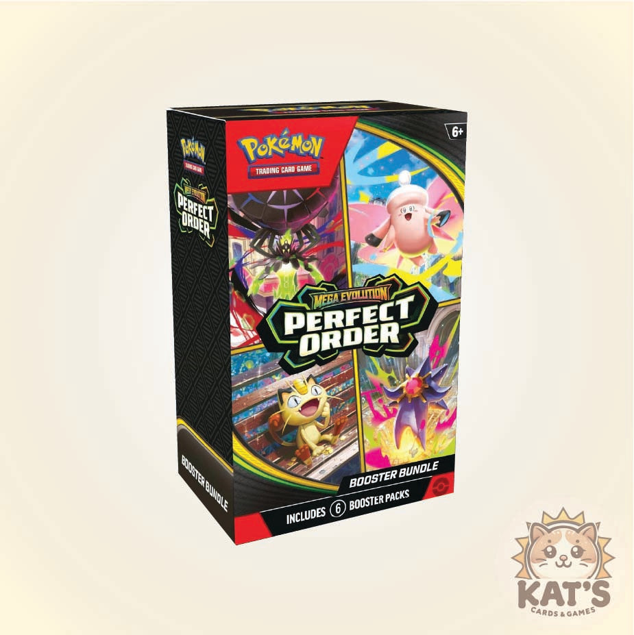 Pokémon Trading Card Game Mega Evolutions Perfect Order Booster Bundle box shown at a three-quarter angle on a light beige background, with a Kat's Cards & Games logo in the bottom right corner.
