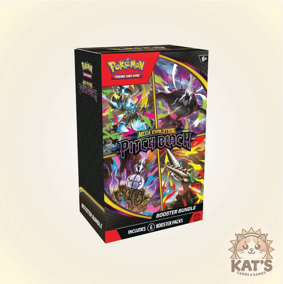 Pokémon Trading Card Game Pinch Black Mega Evolution booster bundle box shown at a three-quarter angle on a light beige background, with a Kat's Cards & Games logo in the bottom right corner.