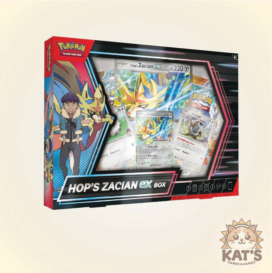 Pokémon Hop's Zacian EX Box trading card set packaging shown at a slight angle on a light beige background, with the Pokémon logo visible on the box and a Kat's Cards & Games watermark in the bottom right corner.