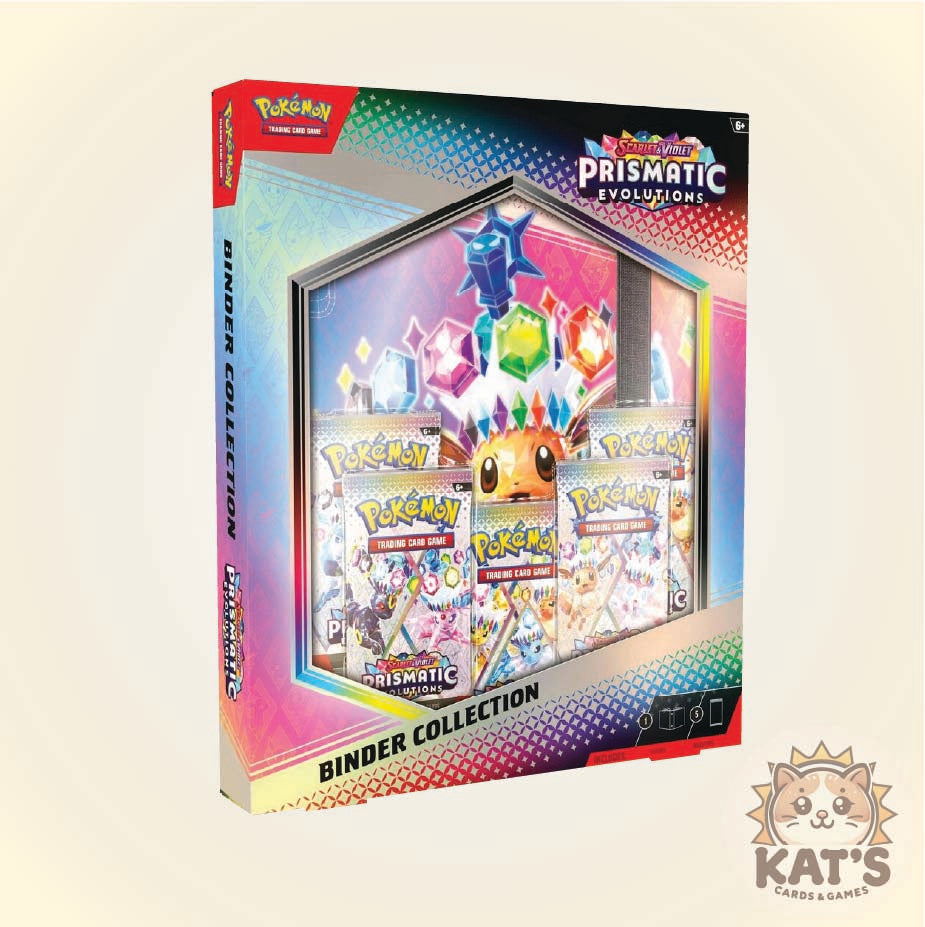 Pokémon Prismatic Evolution Binder Collection box shown at a slight angle on a light beige background. The packaging features a holographic rainbow gradient border and a central display window showing various Pokémon booster packs and a Charizard card.