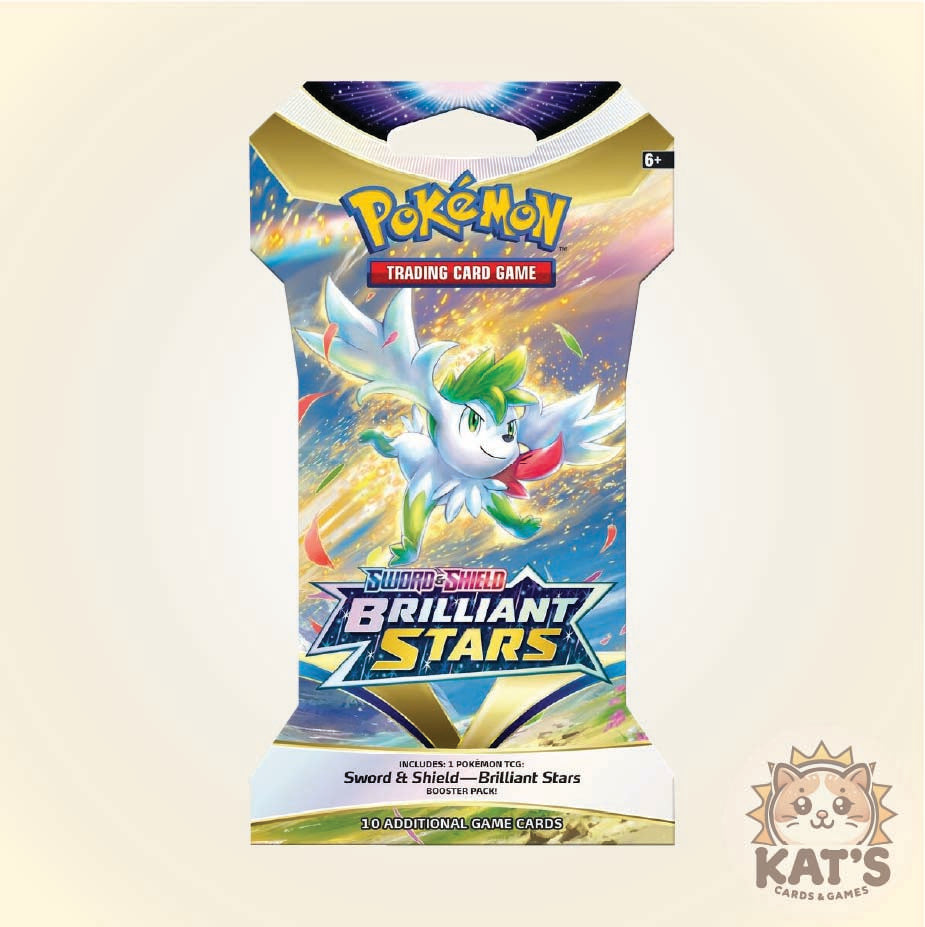 A Pokémon Trading Card Game booster pack for Sword & Shield's Brilliant Stars expansion, featuring a colorful character illustration of a white and green dragon-like creature on a blue and yellow background. The Pokémon logo is visible at the top, and a 'Kat's Karate & Games' logo is in the bottom right corner.