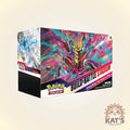 Pokémon TCG Build Battle Stadium box set shown at a three-quarter angle on a light beige background, featuring colorful artwork of a character with neon purple, pink, blue, and yellow effects. The Pokémon logo is visible on the front and side.
