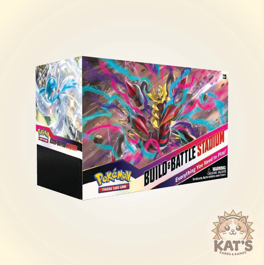 Pokémon TCG Build Battle Stadium box set shown at a three-quarter angle on a light beige background, featuring colorful artwork of a character with neon purple, pink, blue, and yellow effects. The Pokémon logo is visible on the front and side.