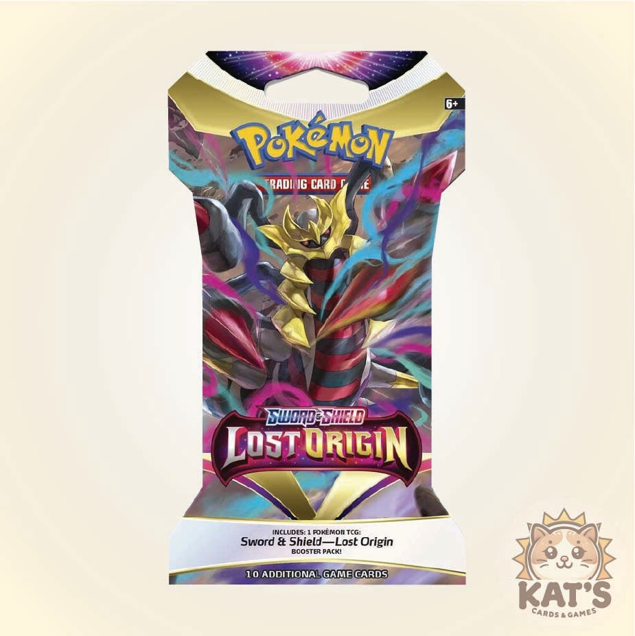Pokémon Radiating Card Game booster pack for Lost Origin, featuring vibrant multicolor artwork of a robotic character on a cream background with a Kat's Karls Games logo in the bottom right corner.