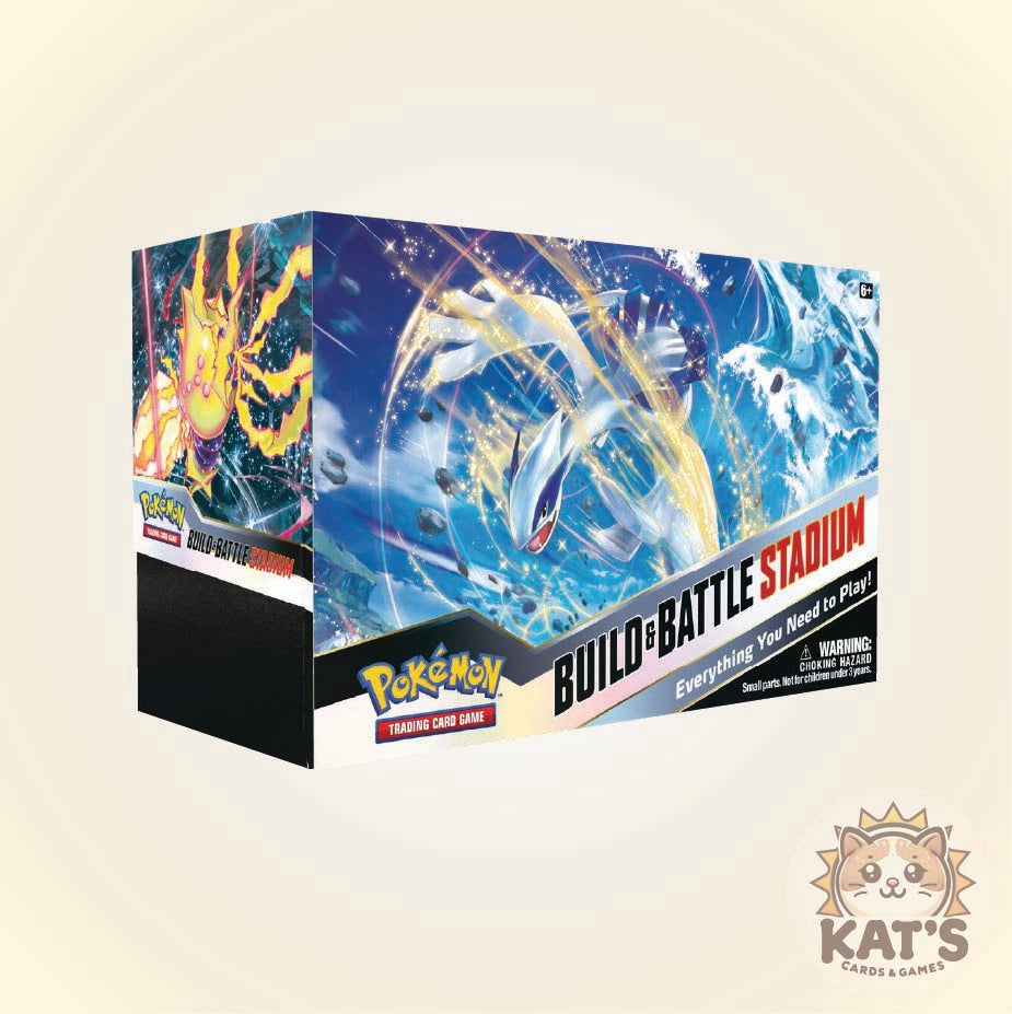 Pokémon Trading Card Game Build a Battle Stadium box set shown at a three-quarter angle on a light beige background, with the Pokémon logo and a Kat's Cards & Games watermark visible.