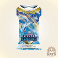 Pokémon Silver Tempest Sword & Shield booster pack packaging featuring blue and silver artwork with the Pokémon logo at the top, centered on a light beige background.