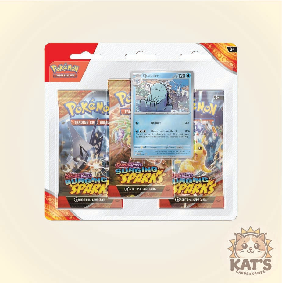 Pokémon Trading Card Game set in blister packaging, featuring three Burst Spark booster packs and a Ralts card, displayed on a light beige background with a Kat's Cards & Games logo in the corner.
