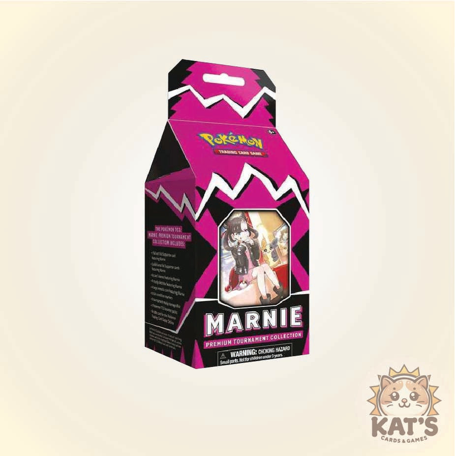 A boxed Pokémon Marnie Premium Fragrance Colorster package shown upright on a plain light beige background. The packaging is predominantly bright magenta/purple and black with a die-cut window displaying anime artwork of Marnie.