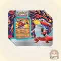 A Pokémon Trading Card Game card tin featuring a Swirledragon card visible through a clear window, with a large Swirledragon illustration on the front. The tin has a colorful flame-and-wave pattern in red, orange, blue, and purple, with a silver-gray base.