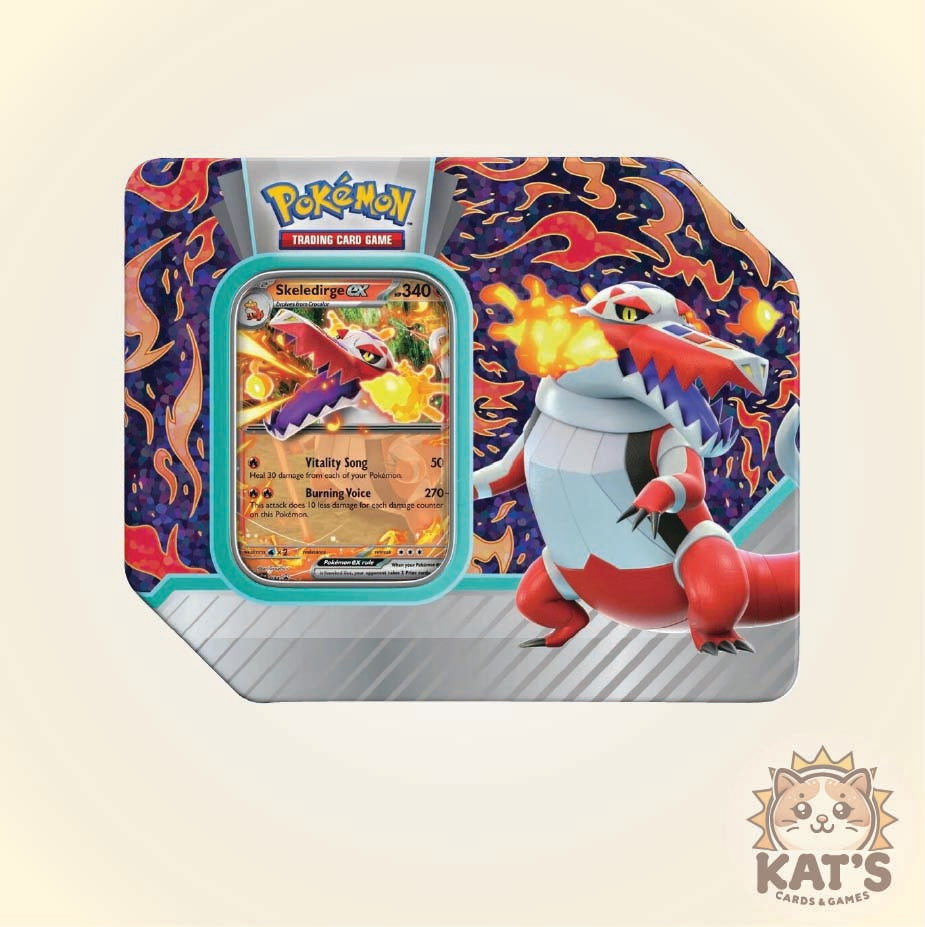 A Pokémon Trading Card Game card tin featuring a Swirledragon card visible through a clear window, with a large Swirledragon illustration on the front. The tin has a colorful flame-and-wave pattern in red, orange, blue, and purple, with a silver-gray base.