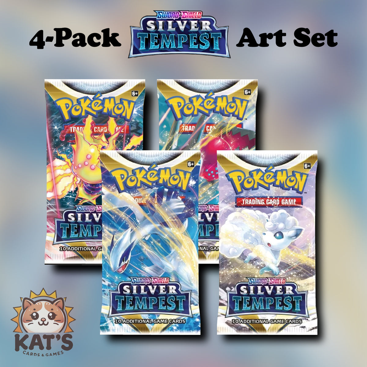 Four Pokémon Trading Card Game silver tempest art pack 4-pack sets displayed on a blue-gray gradient background with '4-Pack' and 'Art Set' text